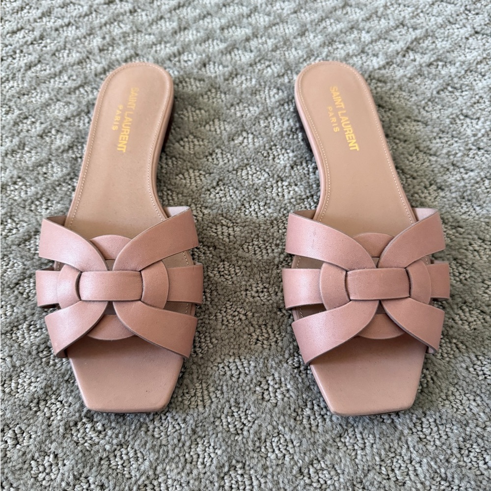 Saint Laurent Blush Pink Leather Knot Slide Sandals